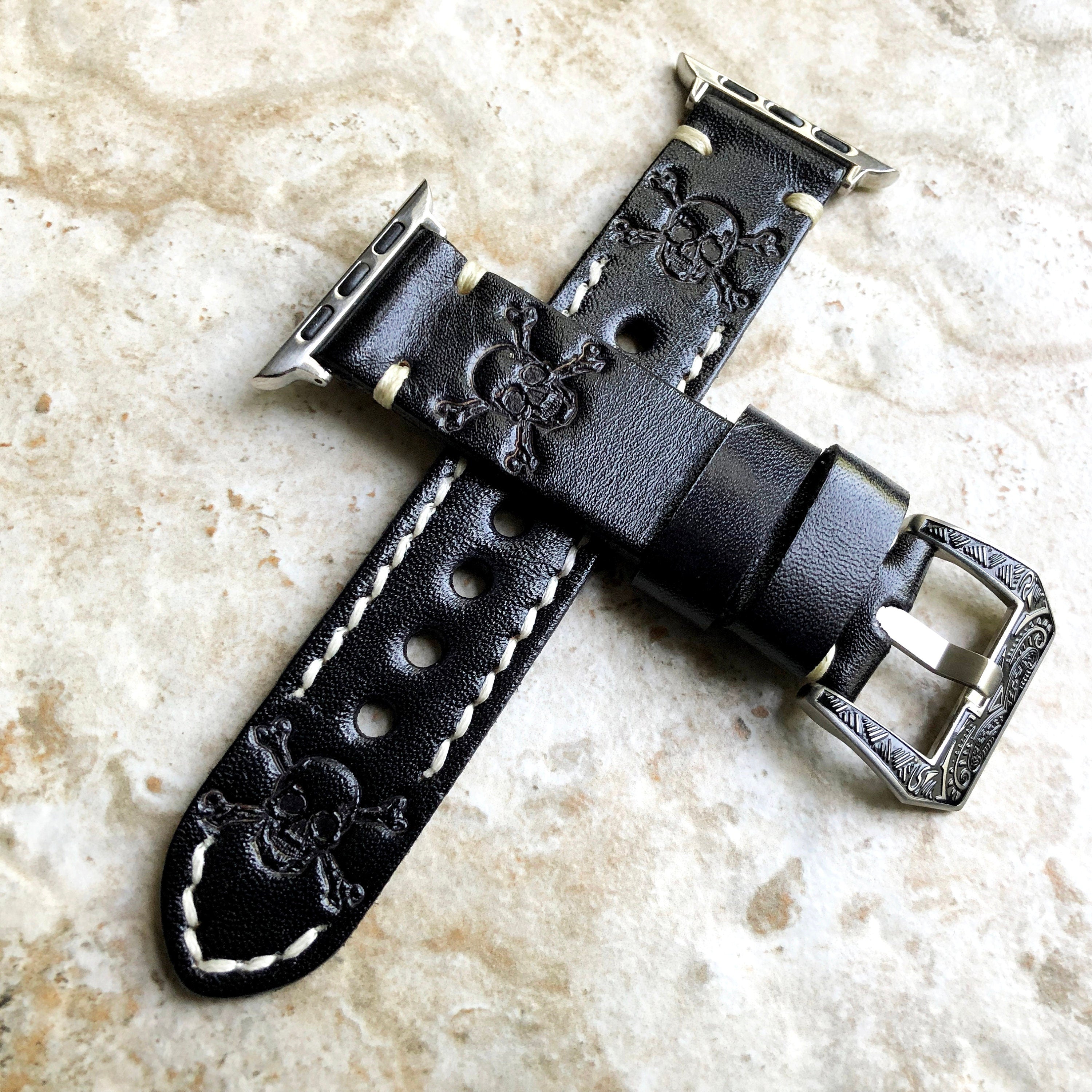 Apple Watch Band Black Leather Skull Crossbones for Ultra 2 and 9 8 Series iWatch 41mm 45mm 49mm Tooled Embossed Handmade Strap Bracelet